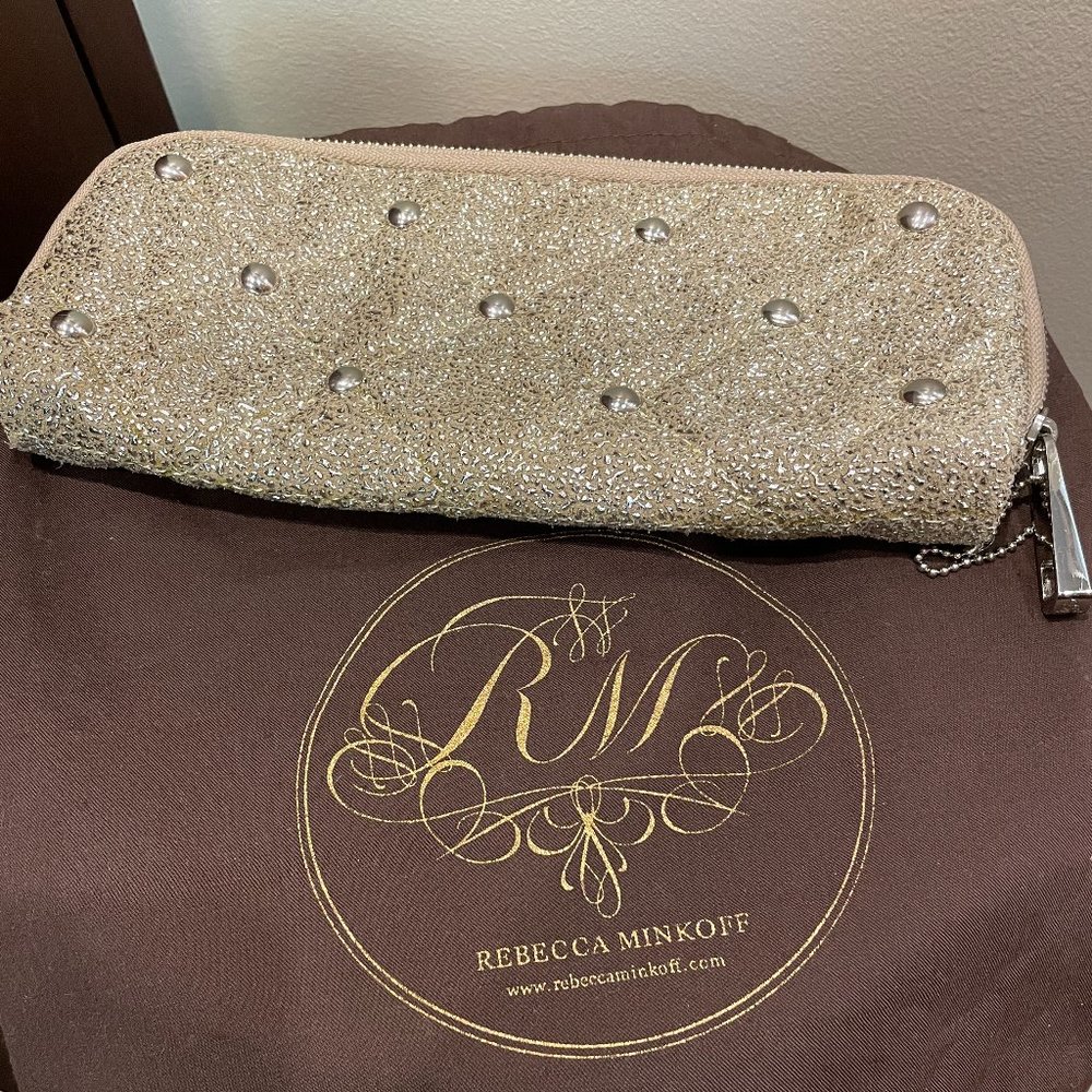 Rebecca Minkoff Evening Clutch Gold With Silver Accents Zipper Closure